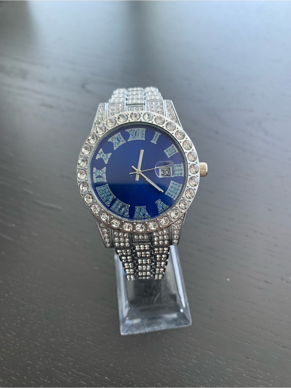 Silver Crystal Men's Watch with Blue Dial